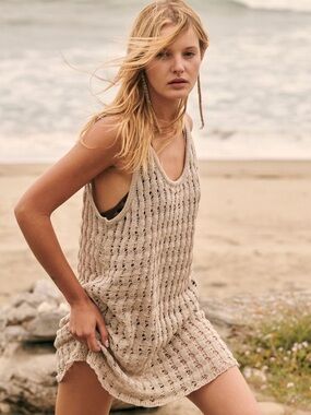 Free People Open-Knit Tan Beach Cover-Up Tank Dress